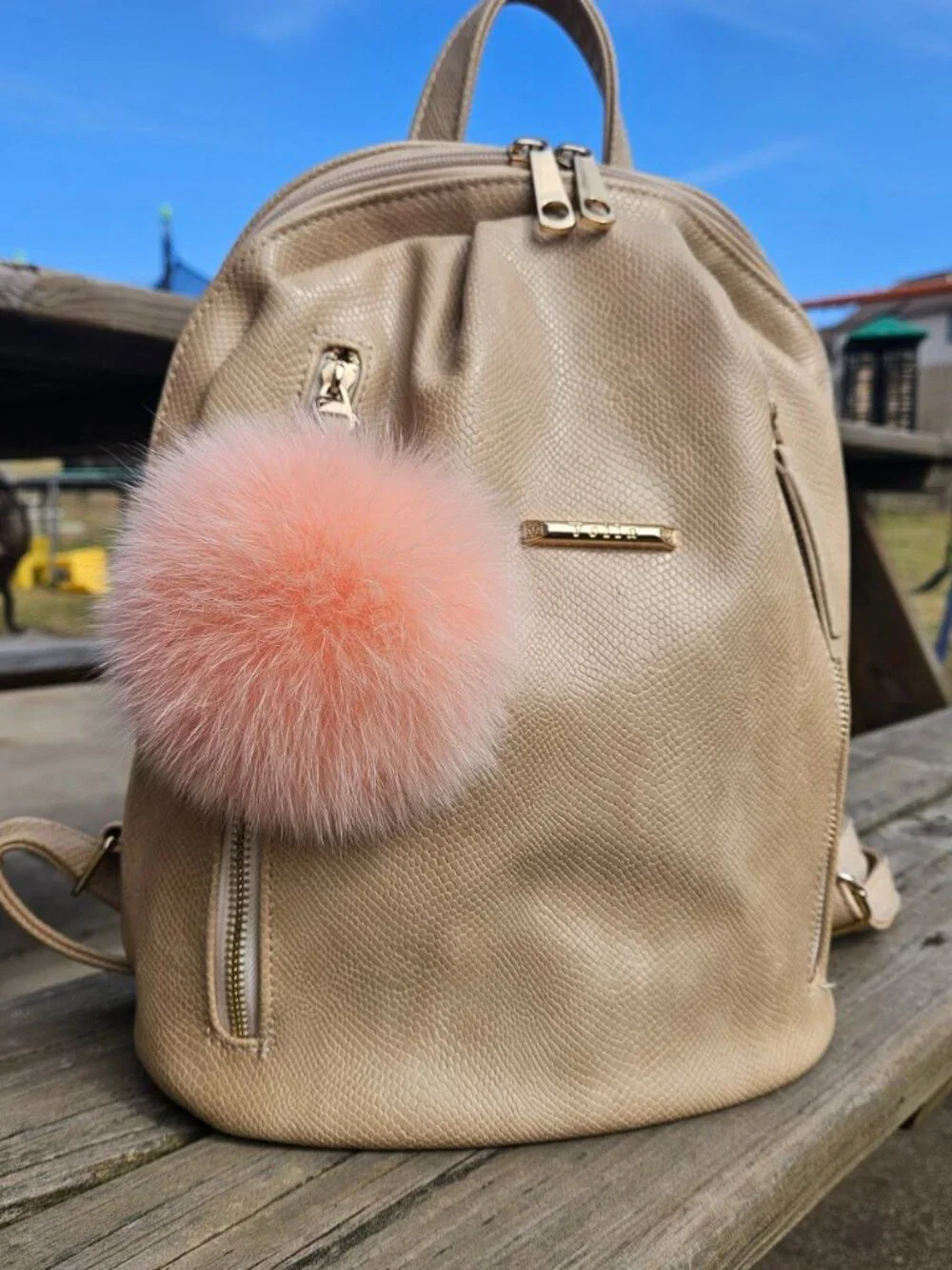 Apricot Real Fox Fur Pompom Keychain, Fluffy Bag Charm, Backpack accessory
